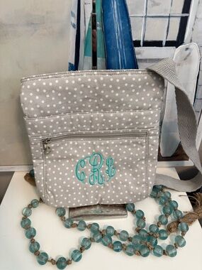 thirty-one Gray Polka Dot Crossbody with Teal Monogram